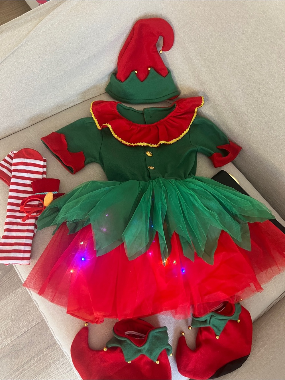 Kids Elf Costume Dress Set with Lid up lights - Red & Green Holiday Outfit